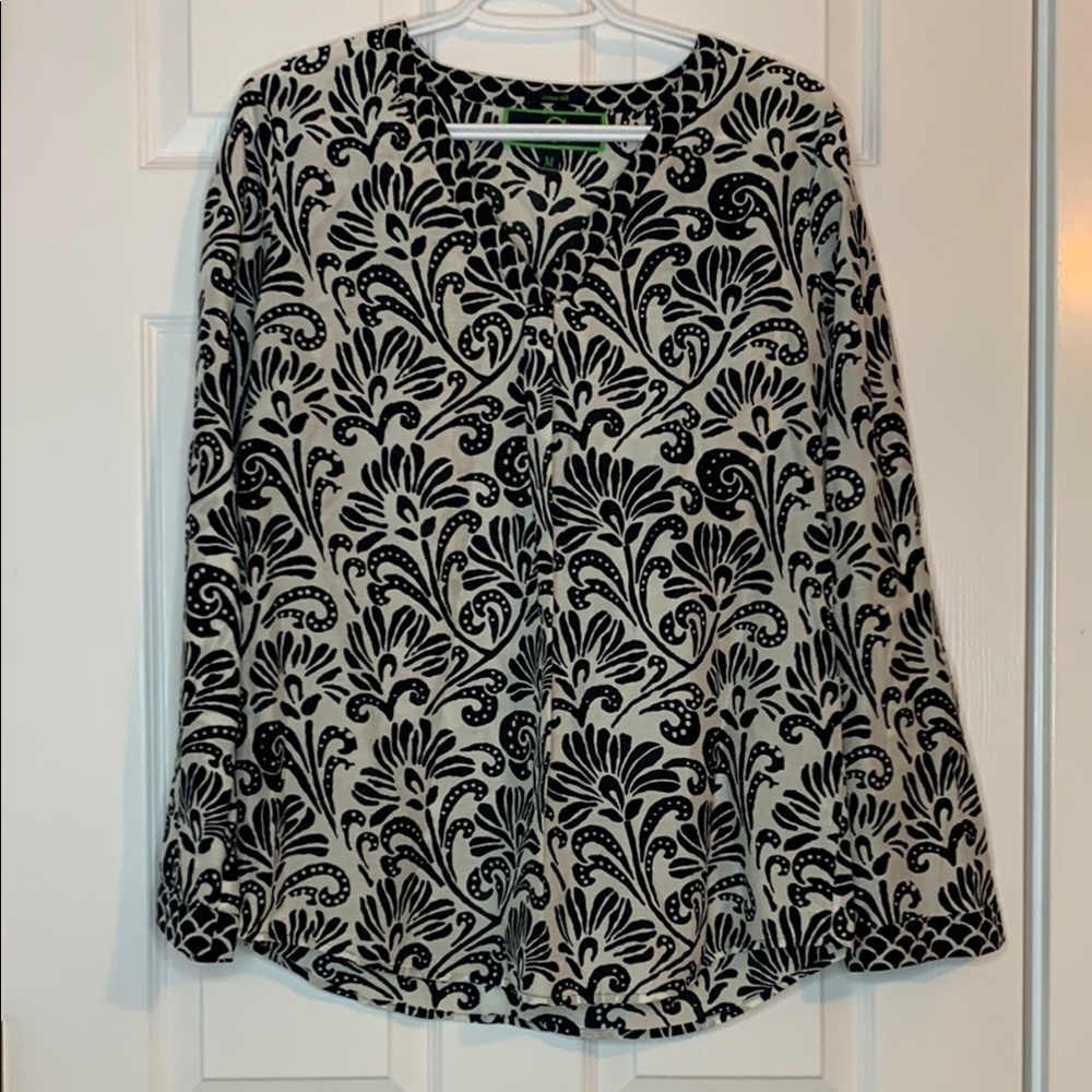 C. Wonder Black and White Floral Long Sleeve Bohemian Blouse Cotton Silk
